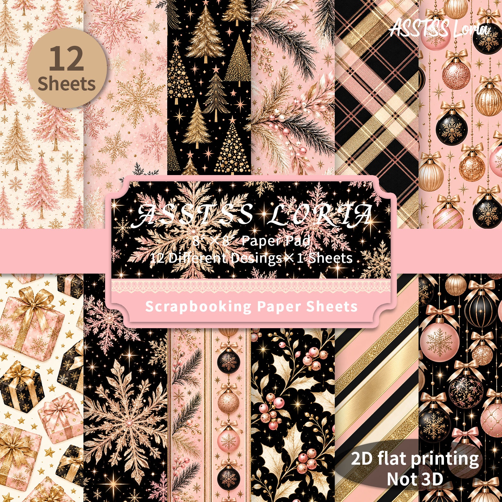 TEMU Bloc de papier de scrapbooking ASSTSS 12 feuilles 8*8 pouces, papier d'emballage cadeau de Noël sapin de Noël rose-doré, houx plat/papier de