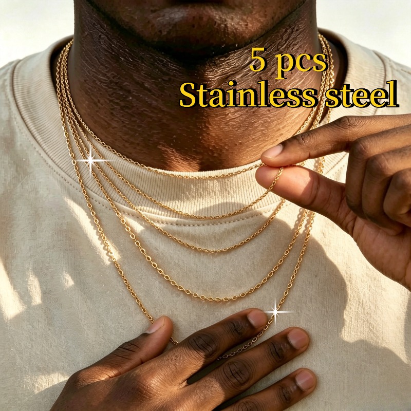 5pcs Unisex Stainless Steel Golden Cross Chains, Minimalist Set