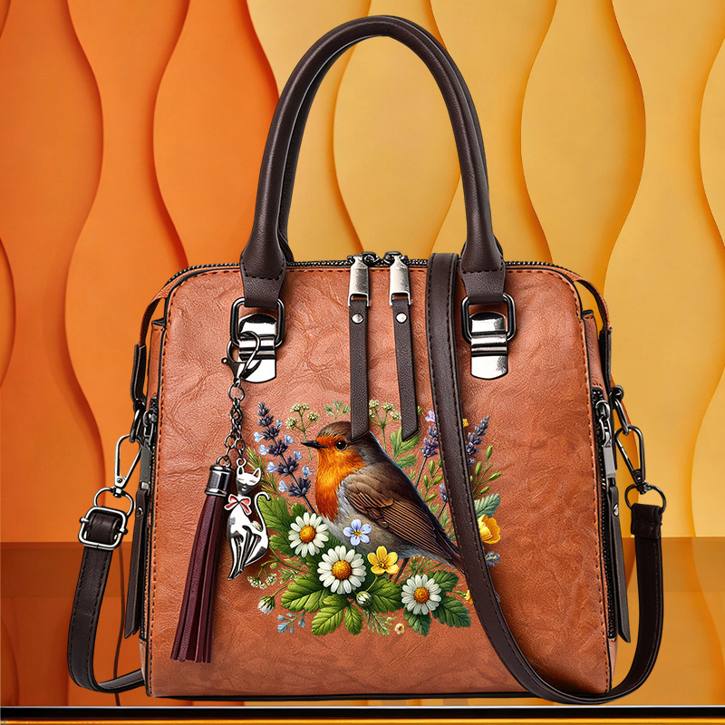 TEMU 1pc Vintage Bird & Floral Print Boston Bag, Elegant Top Handle Satchel Purse, Women's Versatile Shoulder Bag, Crossbody Handbag For Daily &