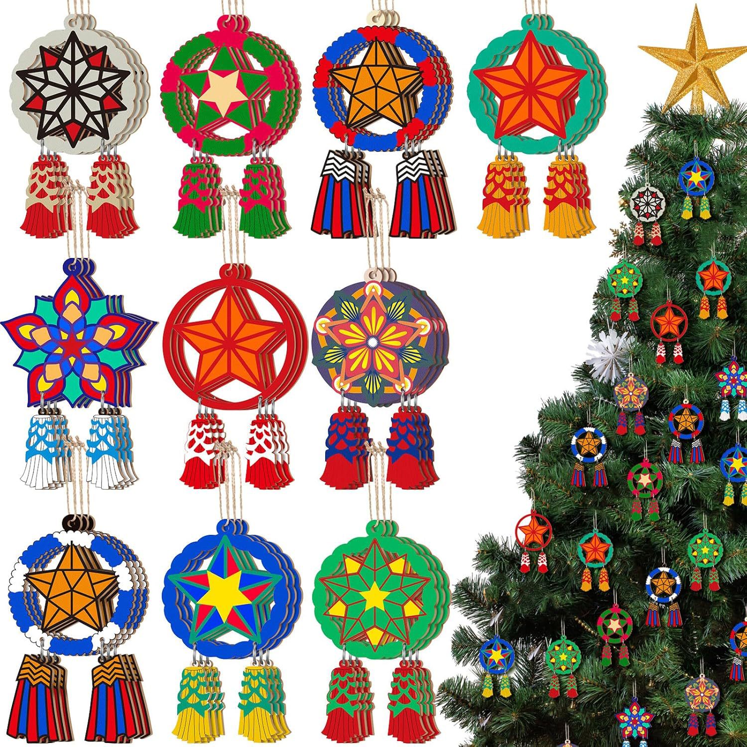 TEMU 10pcs Philippine Wooden Christmas Ornaments, Used For Christmas Tree Decoration, Hanging Ornaments, Traditional Star Pendants, Christmas Gifts,