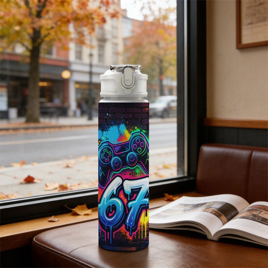 Image of 25.9oz Lightweight Leak Proof Water Bottle Vibrant Graffiti Game Controller "67" Print Water Bottle Travel Mug Sports Cup Gym Bottle Fitness Drinkware Reusable Outdoor Container Beverage