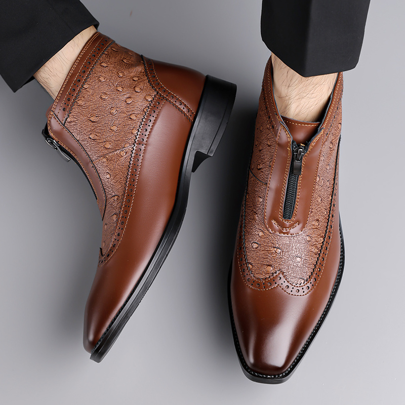 mens textured side zip ankle boots brogue detailing footwear  display picture 2