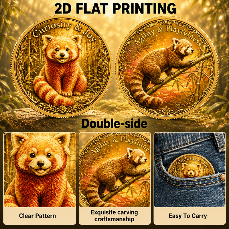 TEMU 1pc, 2d Double-sided Curiosity And Agility And Coin, Featuring Red Panda, Bamboo, And Dynamic Details, Symbolizing Curiosity, Energy, , Portable