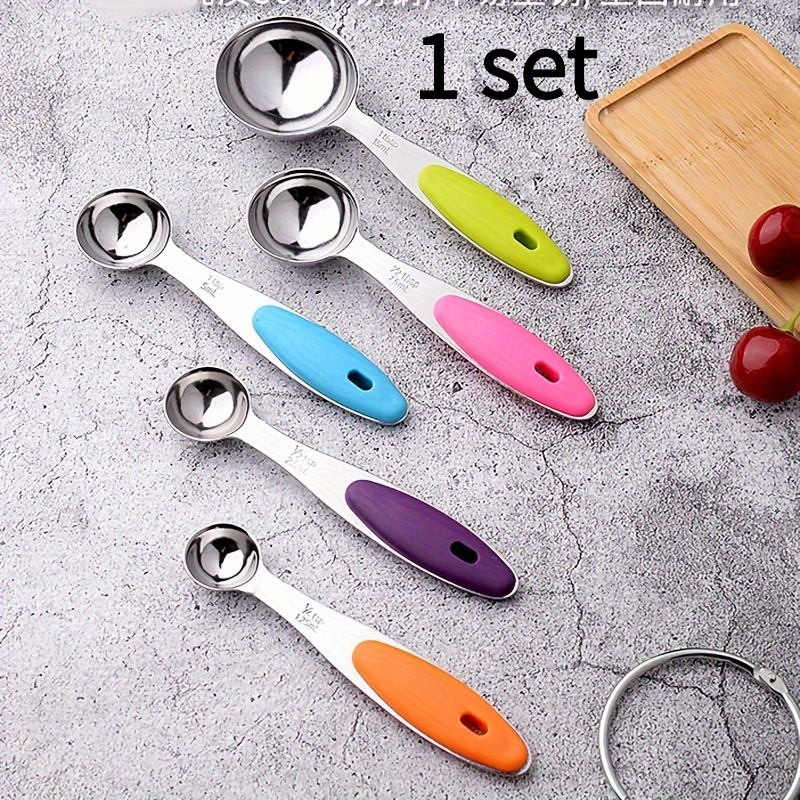 TEMU 1 Set Of Durable Stainless Steel Measuring Spoons With Silicone Handles - Food Grade Kitchen Tools, Tools, And Cooking And Baking Utensils,