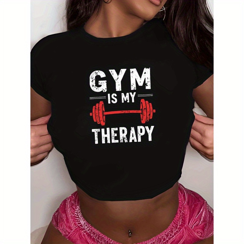 

Women's "gym Is " Barbell Graphic Top T-shirt - Y2k Style, Stretchy Polyester/spandex , Short Sleeve, Round Neck, Machine Washable