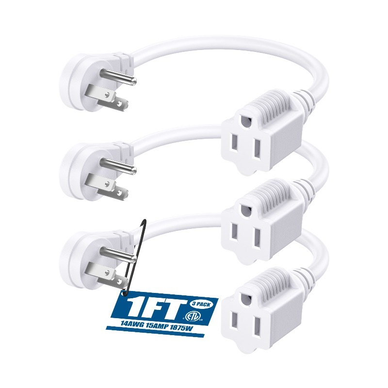 TEMU Dewenwils 3pcs Extension Cord 1ft, Flat Plug Extension Cord 3 Prong, 14 Awg Sjt Power Cable, Short Extension Cord With Space Saving Plug, White