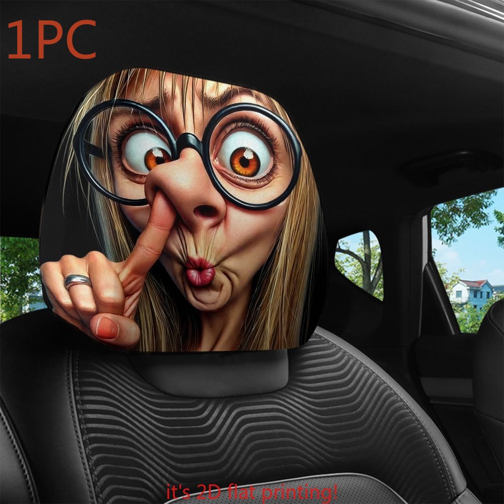 TEMU 1pc Quirky Funny Face Print Car Headrest Covers | Universal Fit, Washable & | Car Interior Decor & Headrest Protector For Daily Commuting & Long