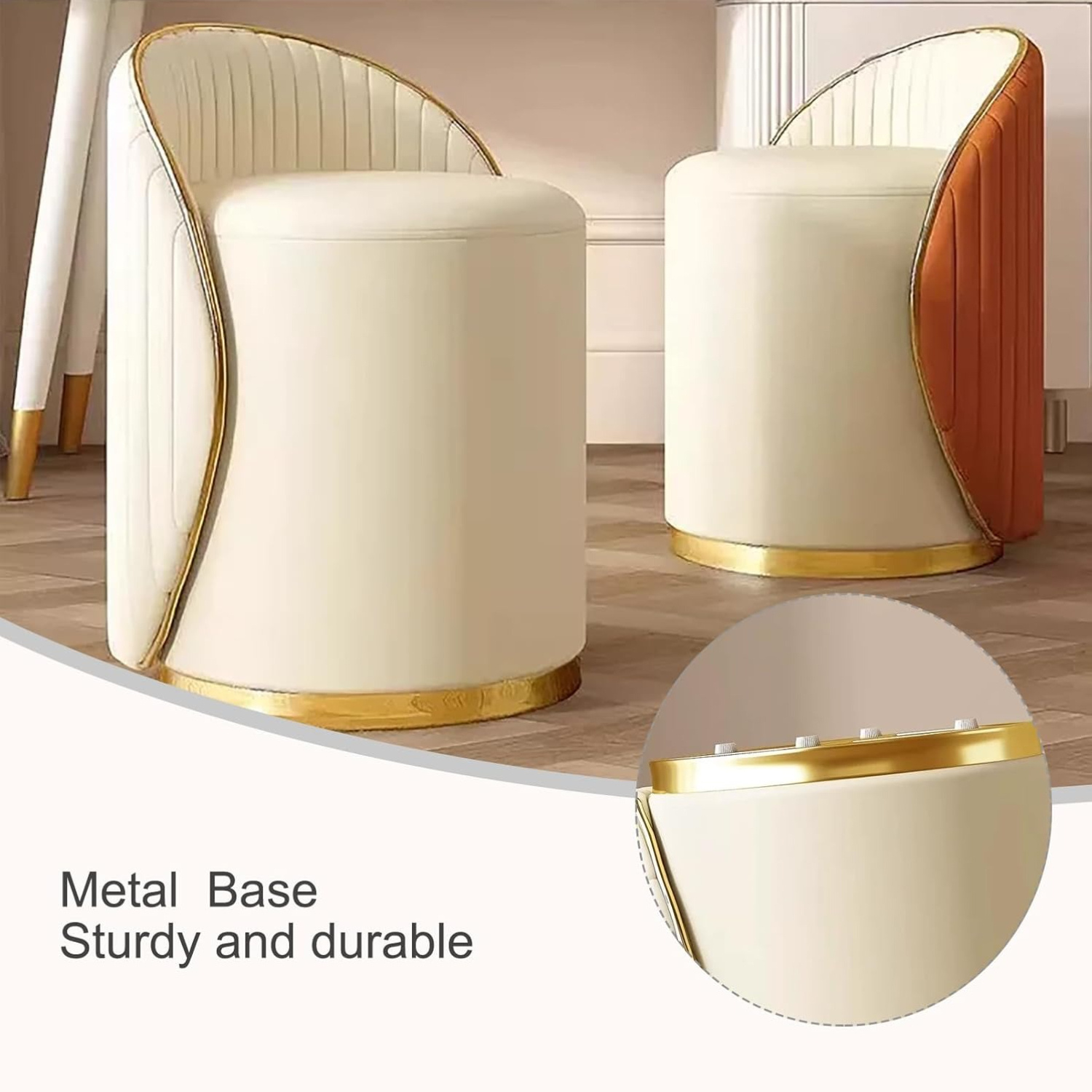 Round Makeup Stool, 360° Rotatable Dressing Table Stool with Leather Cover Wooden Frame, Footstool, Padded Stool, Suitable for Living Room, Bedroom (Beige/Gray/Orange)