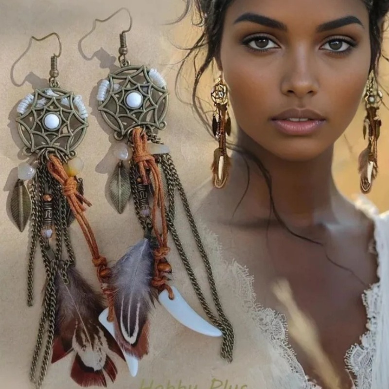 TEMU Women's Retro Bohemian Long Tassel Earrings With Cutout Leaf Pendants - Retro Western Style, Suitable For Parties, , Music Festivals, Daily