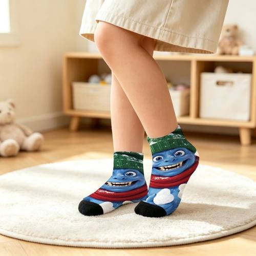 item picture Kids Cute Monster Graphic Ankle Socks, Soft Breathable Fabric with Cozy Winter-Themed Festive Print, Stretchy for Boys And Girls, Daily School Casual Cartoon Footwear