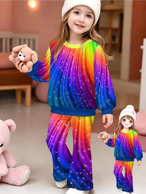 item picture girls casual and fashionable round neck pullover and flared pants set 2pcs sweet and adorable suitable for girls daily festival events childrens parties etc for outdoor