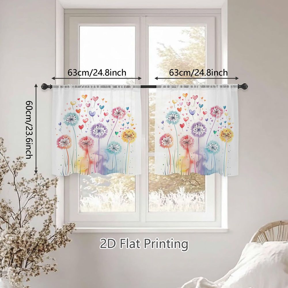 TEMU Lot de 2 rideaux bohèmes voilages 2D plats, panneaux de fenêtre semi-transparents avec fleurs de et cœurs aquarelle, passe-tringle, tissu léger