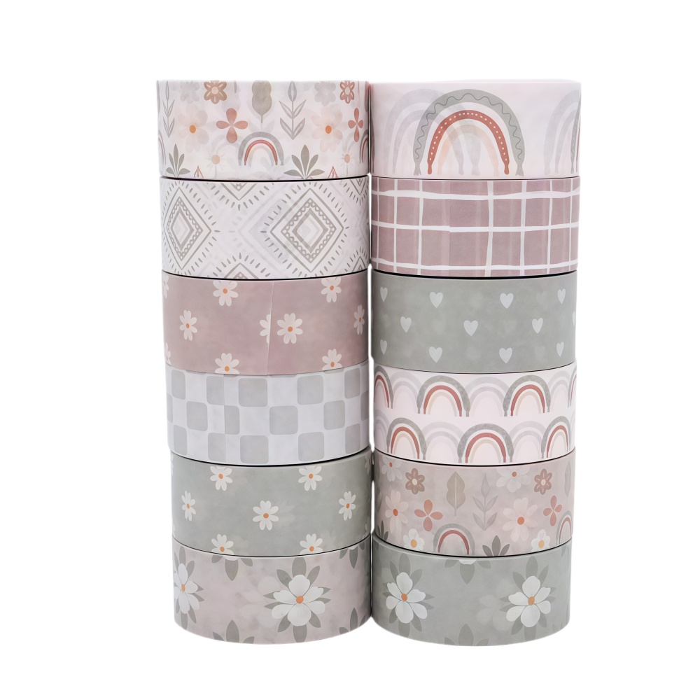 12 Rolls 5m Sage Pattern Background Stickers, Suitable For Gift Wrapping, Diary Stickers, Self-adhesive High-quality Washi Tape