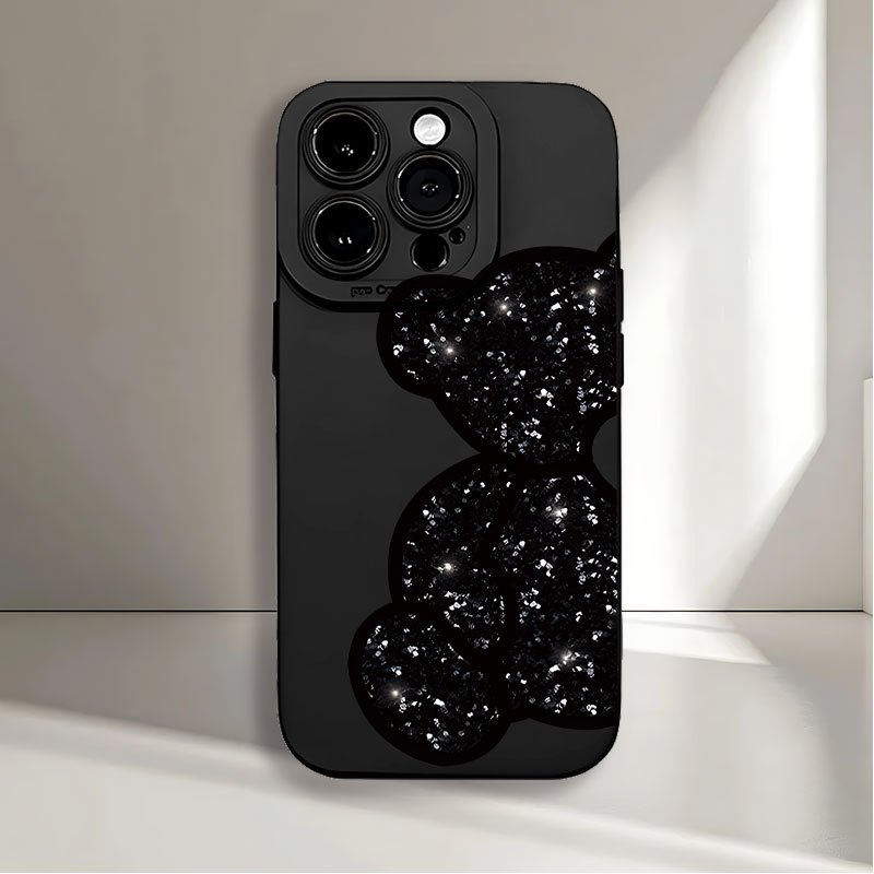 TEMU Phone Case: Black Bear Pattern Uv Printing Matte Phone Angel Eyes Soft Phone Case Cover 360 Degree Full Protection For Iphone 16 11 12 13 14 15