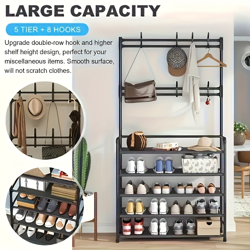 Heavy-Duty 5-Tier Metal Shoe Rack with Hooks | Thickened Double-Layer Storage Design, Stable, Durable And Pressure-Resistant | Multifunctional Storage Rack for Entryway/Corridor/Bedroom/Office, Integrated Storage for Shoes, Hats, Bags And Umbrellas