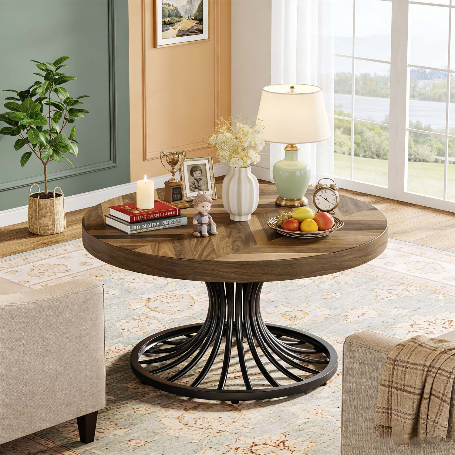 Rustic Brown And Black -inch Round Wood Coffee Table - Home Essential Daily Gift, Farmhouse Industrial Unique Center Table With Stylish Metal Pedestal For Living Room, 1pc