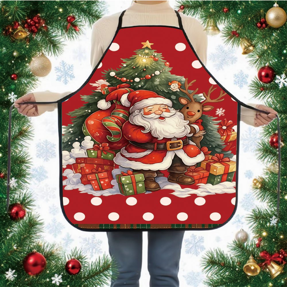 TEMU 1pc Festive Santa And Reindeer Apron - Unisex Kitchen Apron With Adjustable Design, Ideal For Holiday Cooking And Baking, Christmas Party Gift,