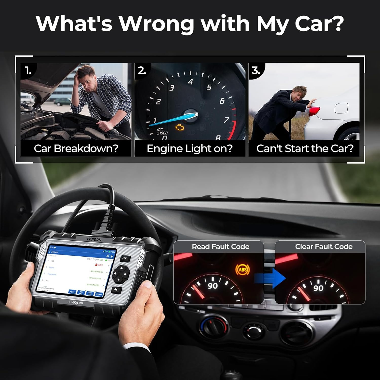 TOPDON AD500 OBD2 Scanner Car Diagnostic Tool, Engine ABS SRS Transmission Diagnostic Tool, FCA Auto Certified, CAN FD Protocol, Oil/Throttle/SAS/TPMS/BMS/EPB Reset Car Scanner, Free Upgrade DIY