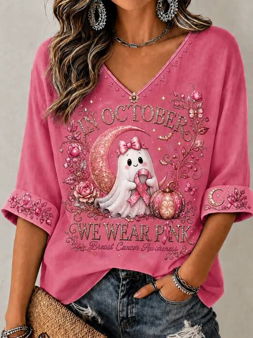 in october pink ribbon floral print women v neck three quarter rolled cuff sleeve loose graphic tee for breast awareness halloween daily casual outfit wear