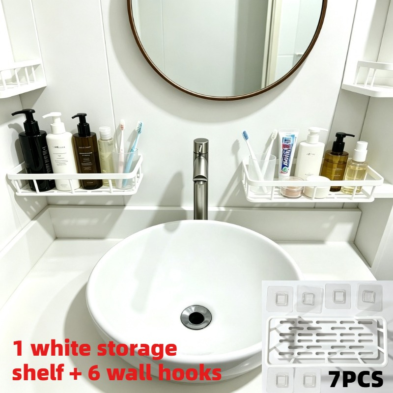 TEMU 7pcs (1pc White Shelf And 6pcs Wall Hooks) Wall-mounted Bathroom Shelves - Installation, Heavy-duty Plastic Shelves, Stackable For Storage,