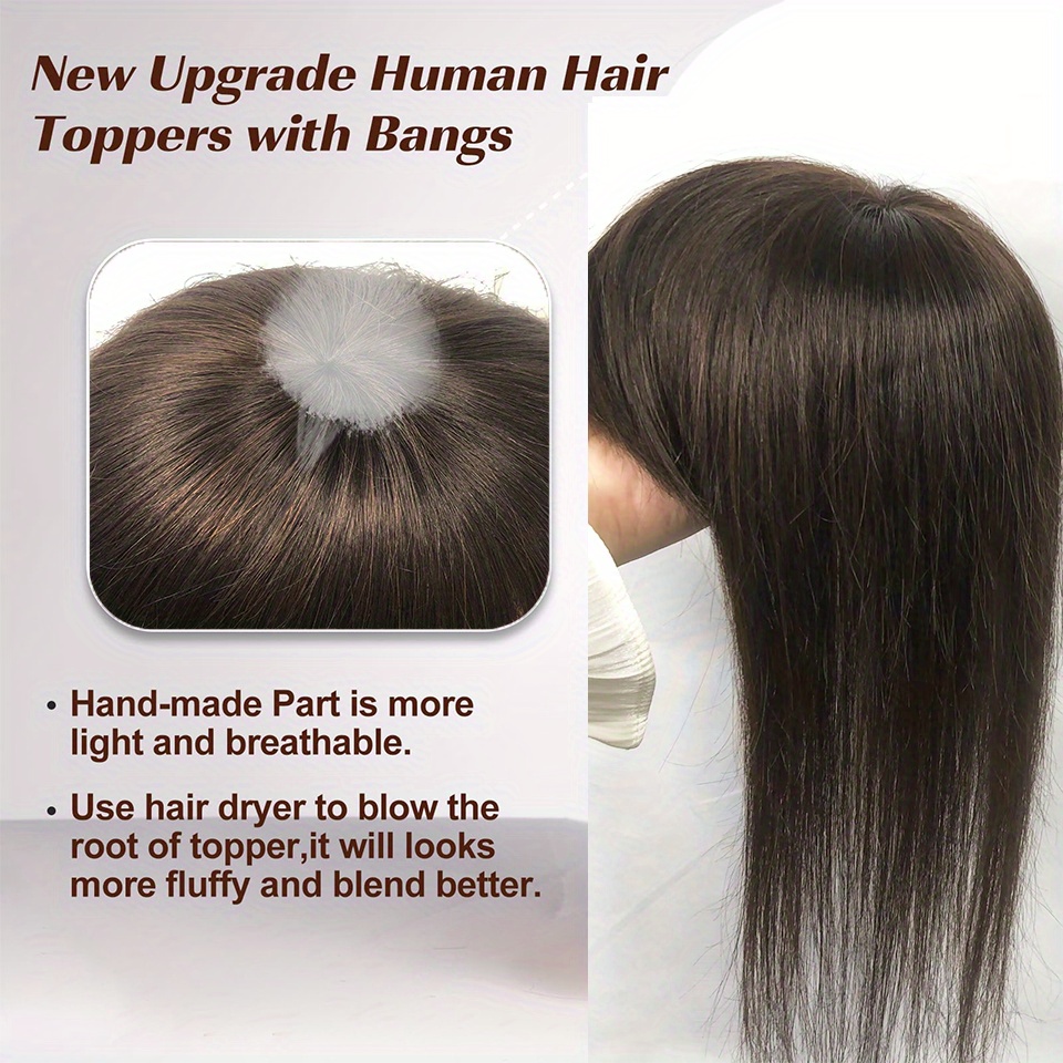   2 dark brown straight human hair topper with bangs for women real human hair toppers for thin hair 8inch 10inch hairpieces details 2