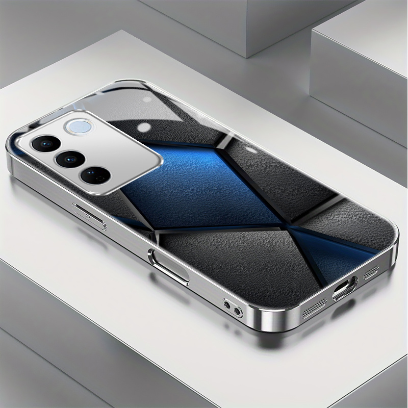 품목 사진 블루 가죽 기하학 패턴 케이스, vivo v27  27e 5g 호환, 강화 유리 보호, 낙하 방지, 내구성 있는 커버, 휴대폰 보호용 스마트폰 케이스
