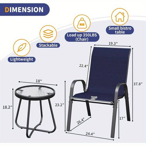 3pcs patio set outdoor stackable dinging chairs for all weather breathable garden outdoor furniture for backyard deck navy blue