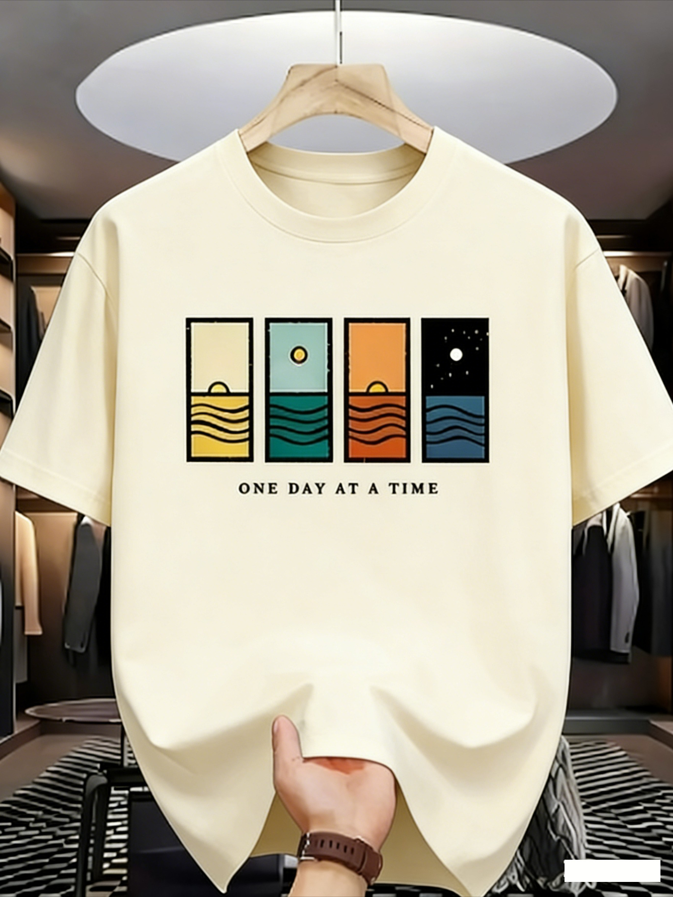 a versatile and loose fit round neck t shirt for summer with illustrations of the   of a day in a   style the color   exudes an artistic and   back feel making it   daily wear