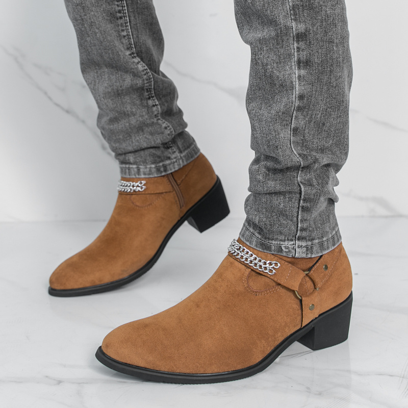 item picture mens vintage high heel ankle boots solid color versatile zipper boots slip pointed toe slip on casual shoes