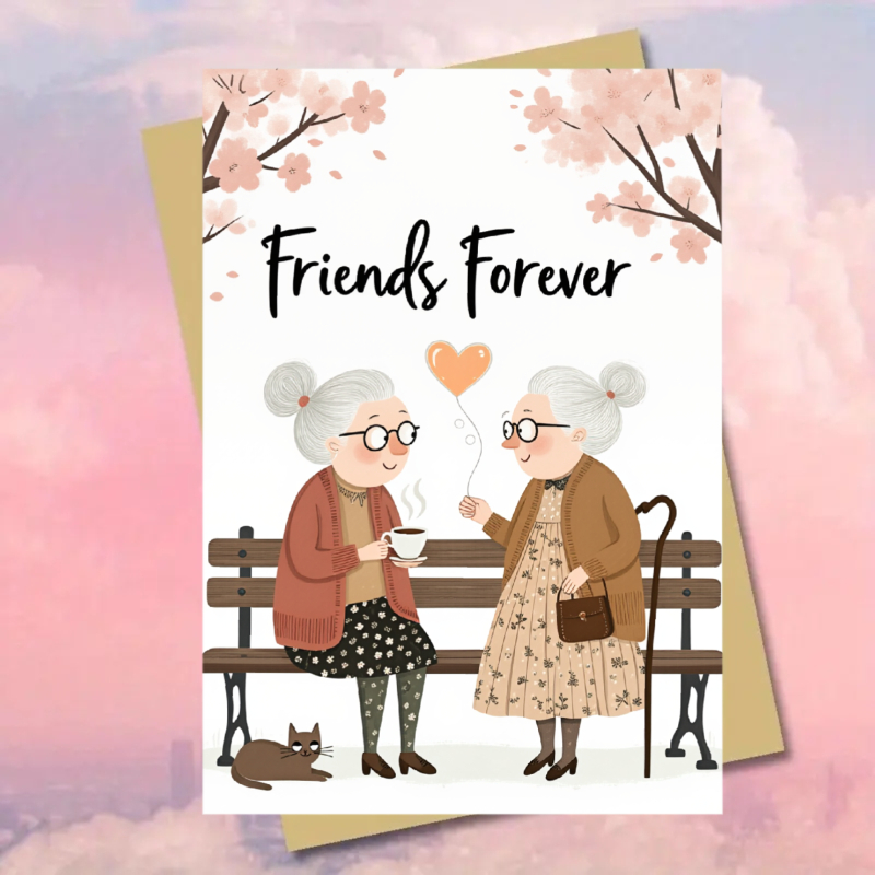 1pc Friendship Forever Greeting Card 2 Old Grandmothers Drinking Tea Under The Cherry Tree Illustration Design Printed Forever Text Couple Best Friend Birthday Card Suitable For Mother's Day Gift