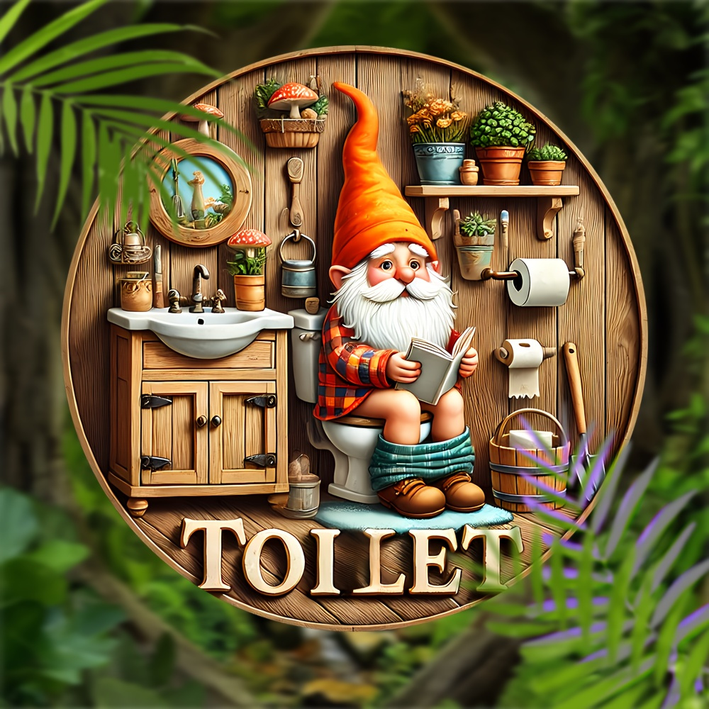 

1pc Rustic Iron Toilet Sign With Dwarf Design, Round Wall Hanging Decor, 20.32cm, Multipurpose For Home & Outdoor Use, English Text, Ideal For Bedroom, Living Room, Dining Room, Office Decor