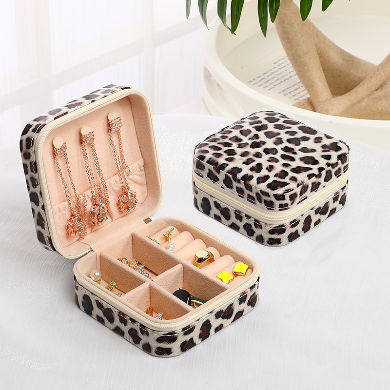 TEMU 1pc Leopard Print Corduroy Jewelry Organizer Box, Portable Travel Accessory For Earrings, Rings, Necklaces, Exquisite Small Storage Case For Party & Festival