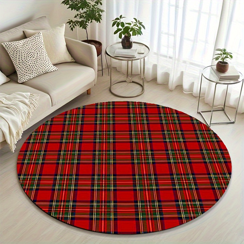 TEMU 1 tapis de Noël rond à carreaux, tapis de sol de fête antidérapant en flanelle de haute qualité, tapis décoratif, convient aux salons et aux