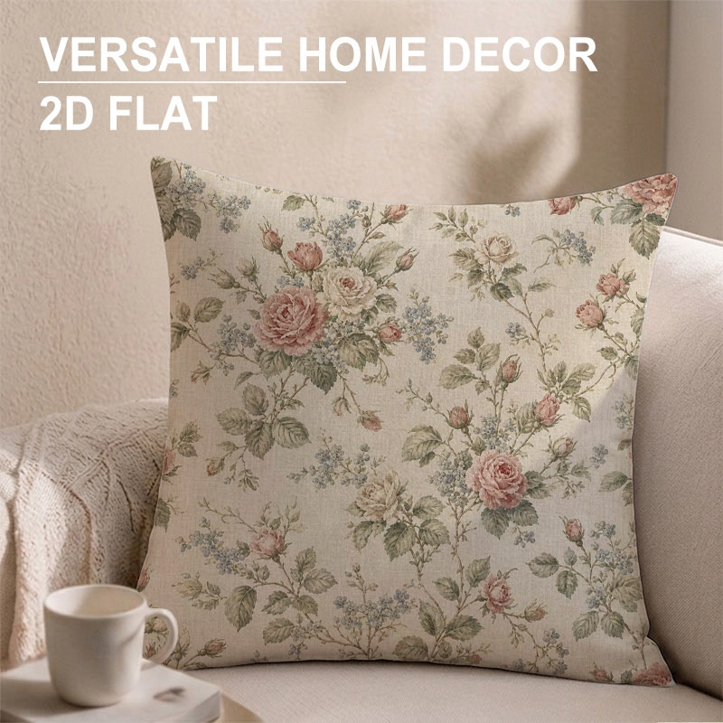 TEMU Single-piece, Vintage Exquisite Single-sided Print, Floral Cushion Cover, Available In Various Sizes, Beige Base With Pink Roses And Blue Floral
