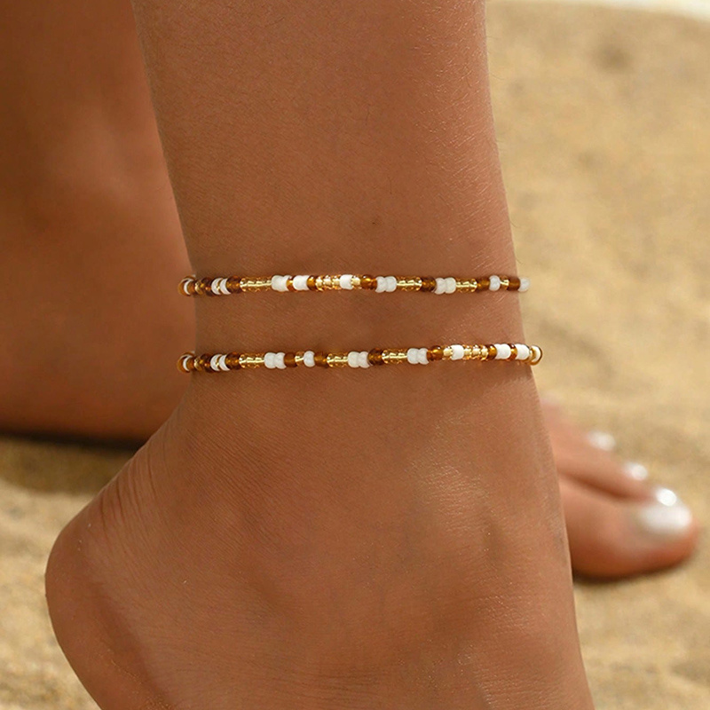 2pcs Bohemian Style Summer Anklet Set In Brown And Multicolor Elastic Bands, Ethnic Mixed Color Elastic Anklet Set For Women, Glass Material, Summer Beach Vacation Anklet