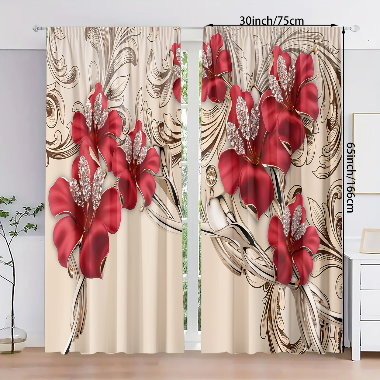 TEMU 2pcs, Polyester Material, Retro Theme, Luxury Red Gemstone Flower Floral Decor Pattern Print, Light Filtering Curtain, Suitable For Bedroom,