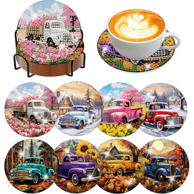 

8-pack Diamond Painting Coasters Set, Round Wooden Diy Craft Kits With Holder Cork Pads, All Season Diamond Art Decor For