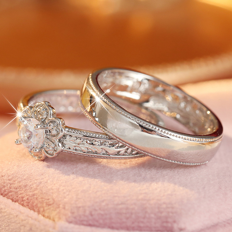 TEMU 2pcs Vintage Silvery Stackable Ring Set, Flower Round Clear Cz Engraved Vine Band Ring & Plain Polished Beaded-edge Band Ring, Bridal Wedding