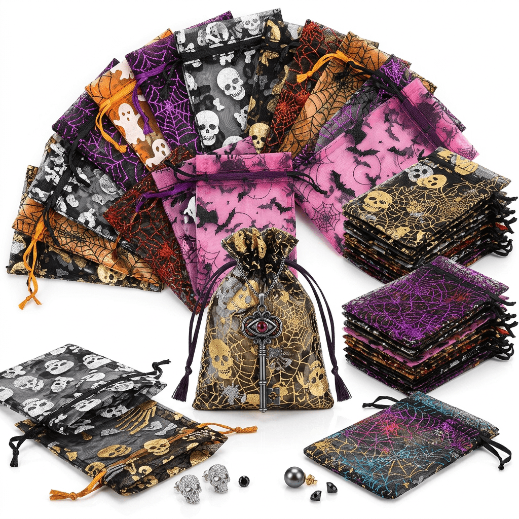 TEMU Gift For Her/him 50 Pack Mixed Color Halloween Organza Drawstring Gift Bags, Sheer Fabric Candy Pouches With Foil Web Bat Prints, Lightweight