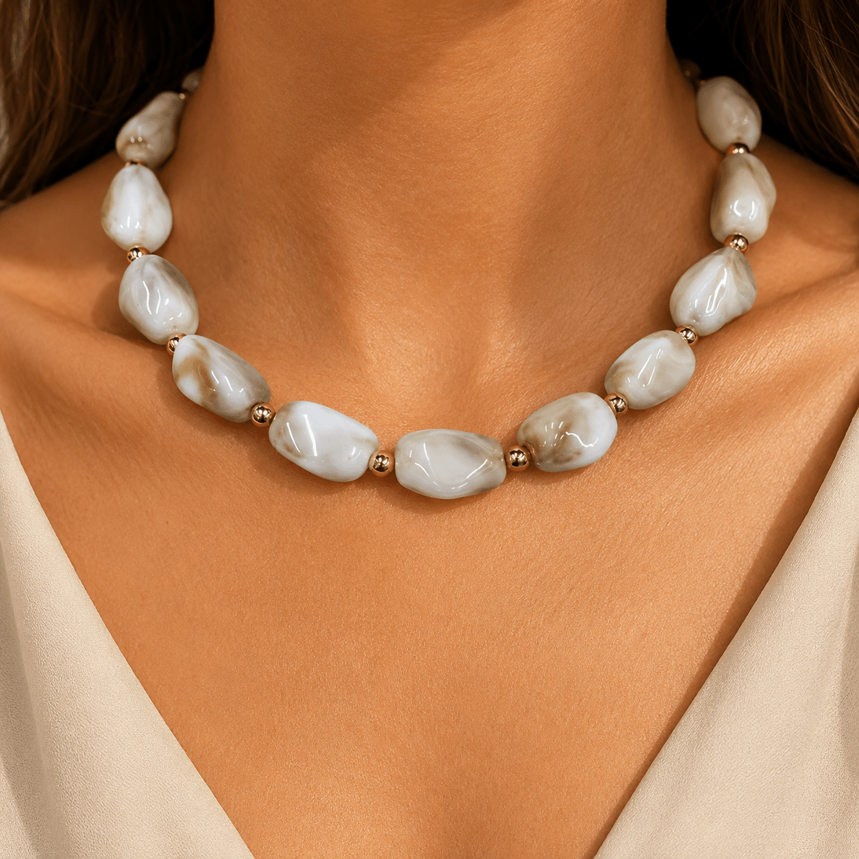 TEMU 1pc Women's Bohemian Irregular Beige Resin Beaded Adjustable Necklace With Random Resin Pattern Depth, Suitable For Daily, Banquet, And Party