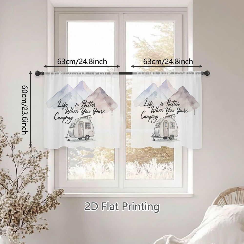 TEMU 2d Flat, 2pcs Spring Summer Small Sheer Curtains, Cream-colored Trailer Design With Lavender And Pale , Perfect For Living Rooms, Dining Areas,