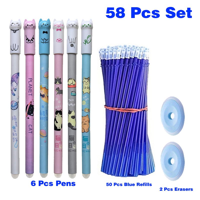 

58pcs/set Erasable Gel Pen Set With 50pcs Refill 0.5mm Magic Pen Writing Washable Handle Office Supplies Stationery (6 Pens+50 Refills+2 Erasers)