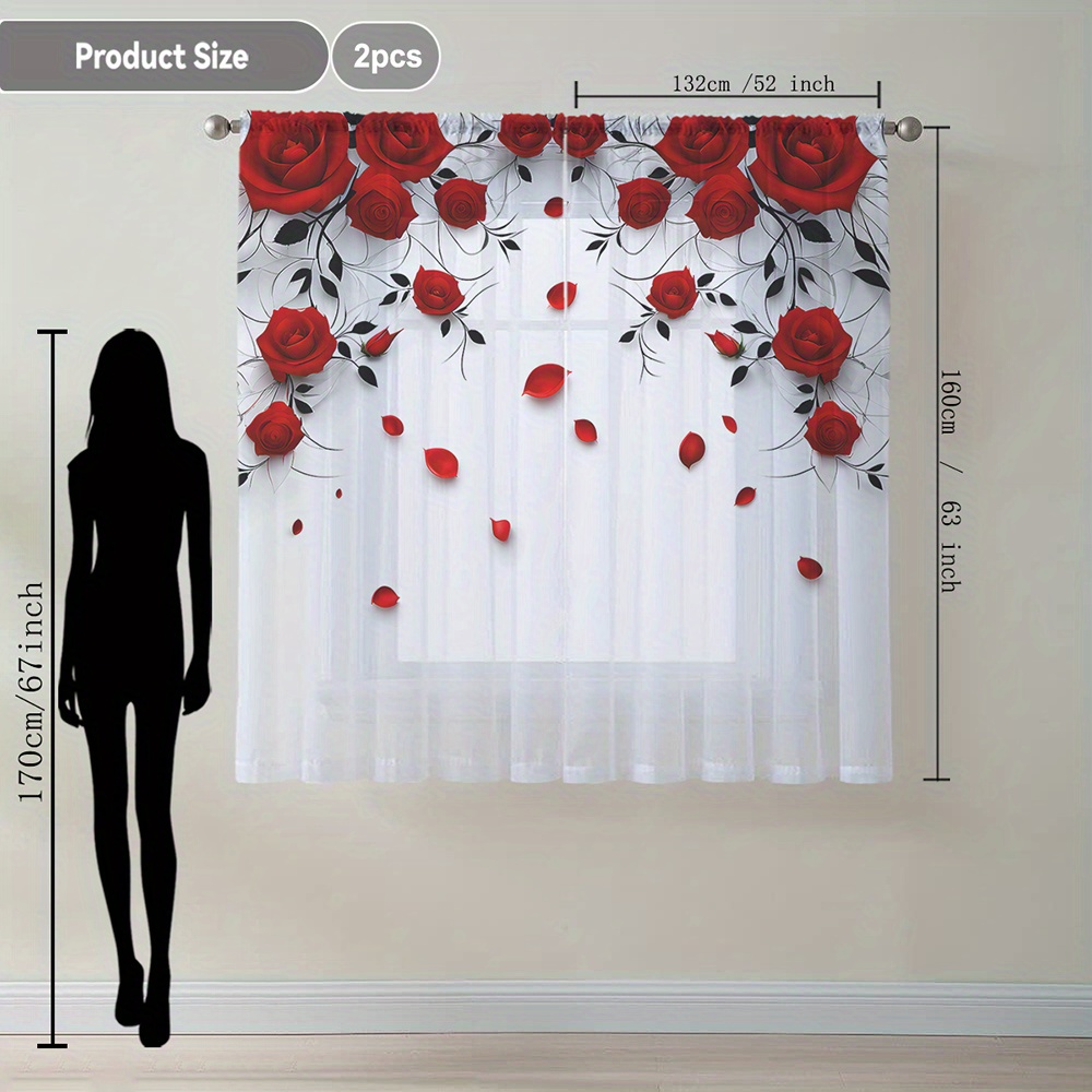 TEMU Set Of 2 Decorative Curtains In White Featuring Roses And Small Black Leaves, Perfect For Enhancing The Ambiance Of Kitchens, Coffee Shops,