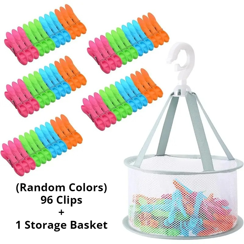 Image of For Clothes Pegs With Peg Basket - Pack Of 96 For Hanging Basket Box, And 1pc Breathable Mesh Design Sock Clips Included, Random Colors 96 Clips And 1pc Storage Basket, Clothes Pins