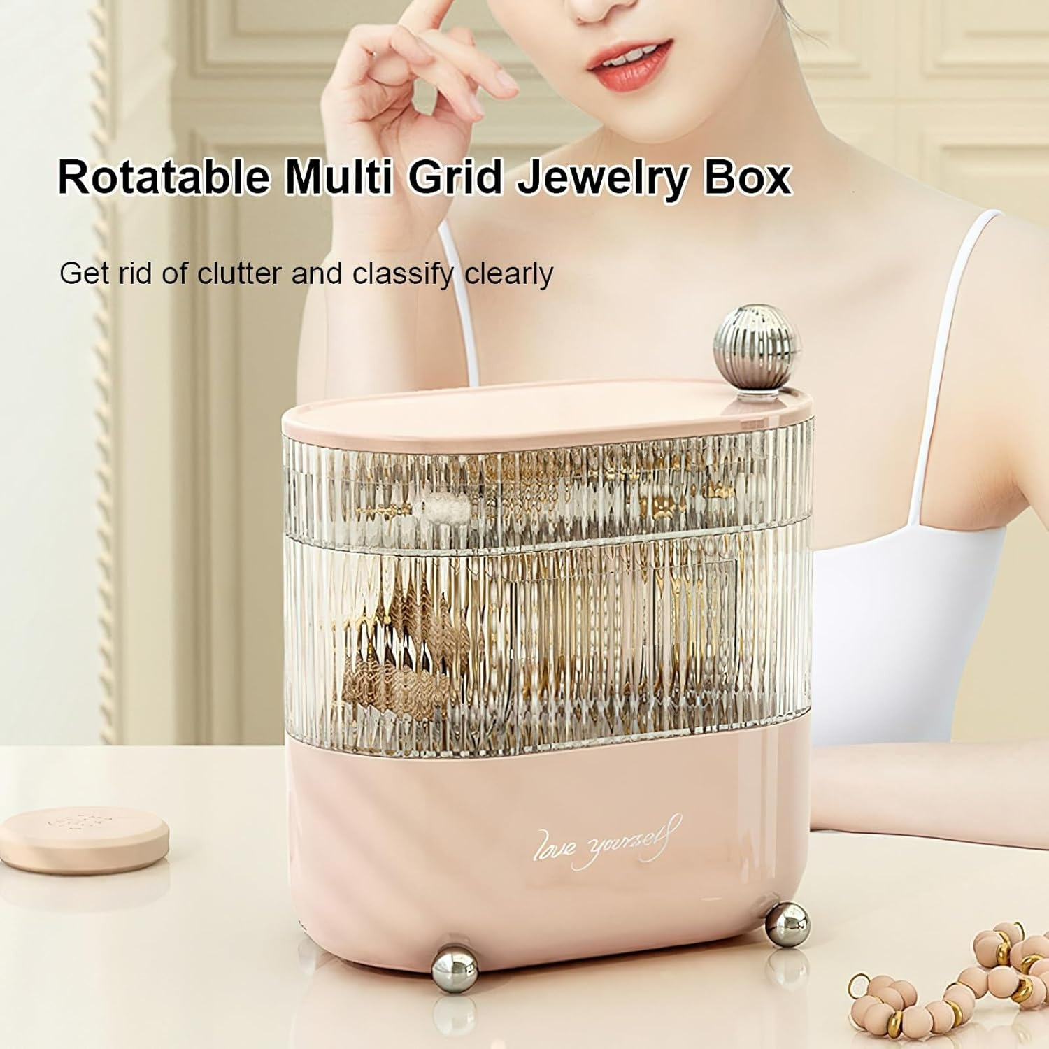   rotating makeup organizer countertop makeup storage organizer vanity desk cosmetic organizer large cosmetic storage box for lipsticks perfume jewelry rings earrings 4 layers Product details 4