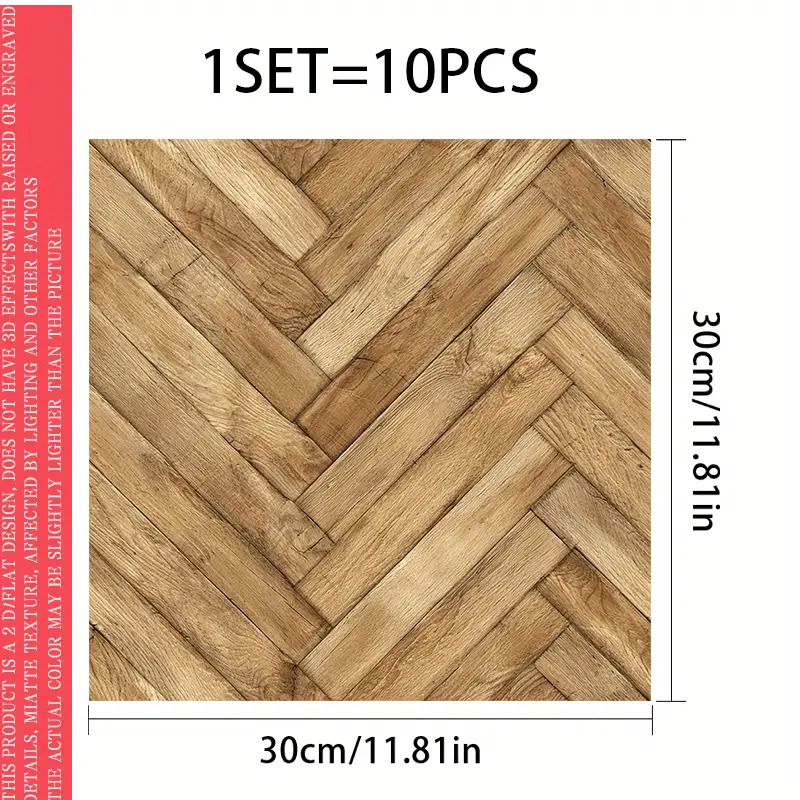 TEMU 10pcs 2d Flat Pvc Leather Floor Stickers, Neutral Wood Grain Theme Self-adhesive Vinyl Floor Stickers, Herringbone Splicing Wood Grain Pattern,