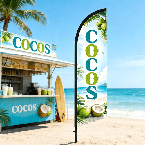 theme advertising banner feather flag 6 5ft tall pole not included made of polyester fiber natural and fresh visual effect sun resistant and windproof not easy to fade suitable for beach coconut drink shops