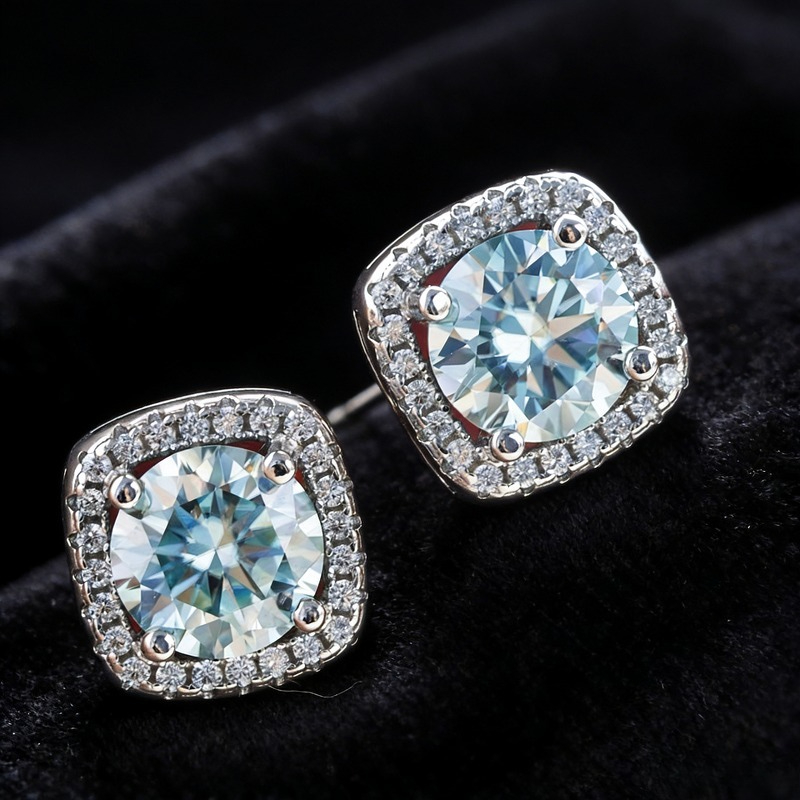 Women's Round Cut Light Blue Moissanite Copper Stud Earrings, Gift