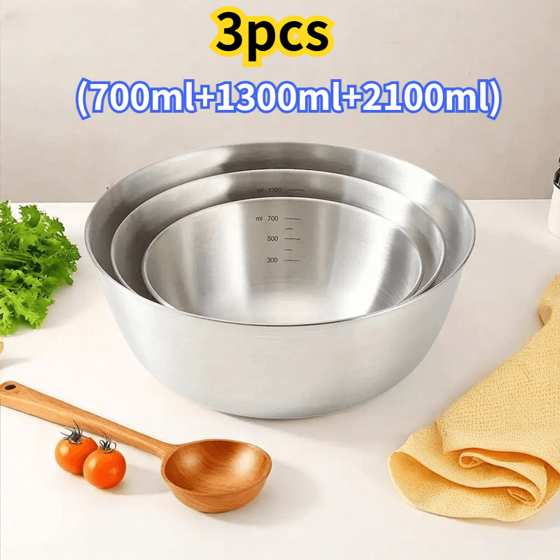 TEMU 3pcs Set (23.67oz + 43.96oz + 71.01oz) Stainless Steel Mixing Bowl Set, Food-grade Durable Kitchen Serving Bowls, Multi-functional Cooking