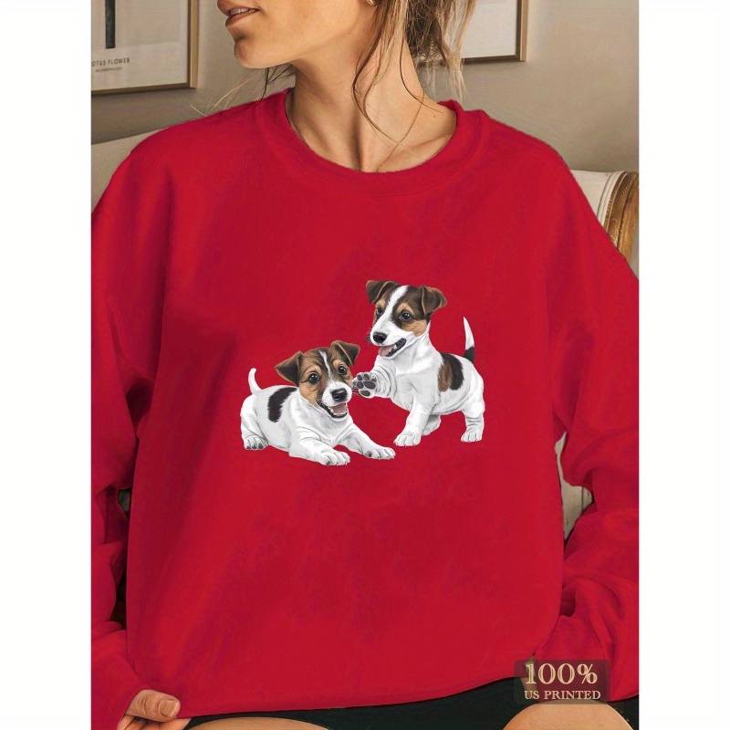 

1pc Women's Casual Crew Neck Sweatshirt With Jack Terrier Puppies Print, Polyester Knit Fabric, Geometric Pattern, Regular Length - Fall/